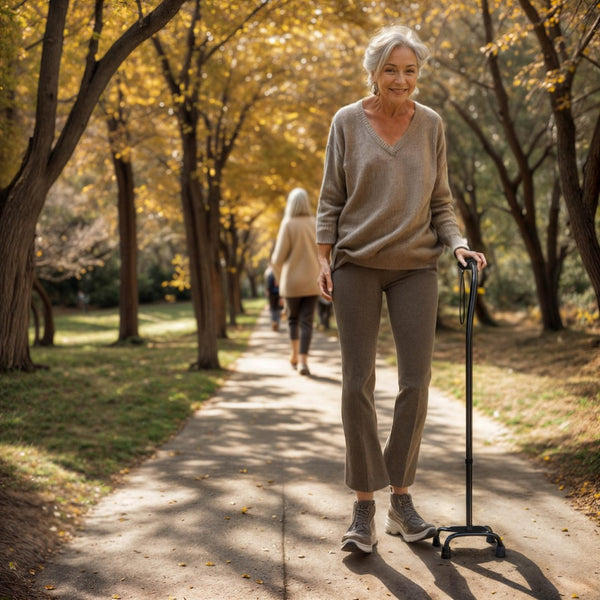 English Elm HERCULES Adjustable Quad Cane for Stability, Comfort Grip Handle, 4-Prong Base, Ambidextrous Use DC-HY7401L-BLK-GG