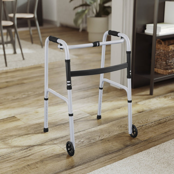 English Elm HERCULES Adjustable Folding Walker - Lightweight, Dual Frame, Interchangeable Wheels for Comfort & Stability DC-HY8110L-5-SLVBLK-GG