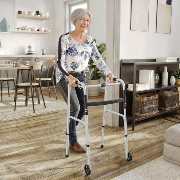 English Elm HERCULES Adjustable Folding Walker - Lightweight, Dual Frame, Interchangeable Wheels for Comfort & Stability DC-HY8110L-5-SLVBLK-GG