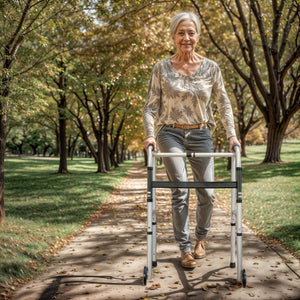 English Elm HERCULES Adjustable Folding Walker - Lightweight, Dual Frame, Interchangeable Wheels for Comfort & Stability DC-HY8110L-5-SLVBLK-GG