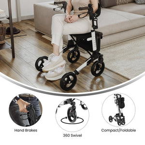 English Elm HERCULES Adjustable Folding Rollator Walker with 360° Swivel Wheels, Hand Brakes & Comfort Seat DC-HY8516L-WHTBLK-GG
