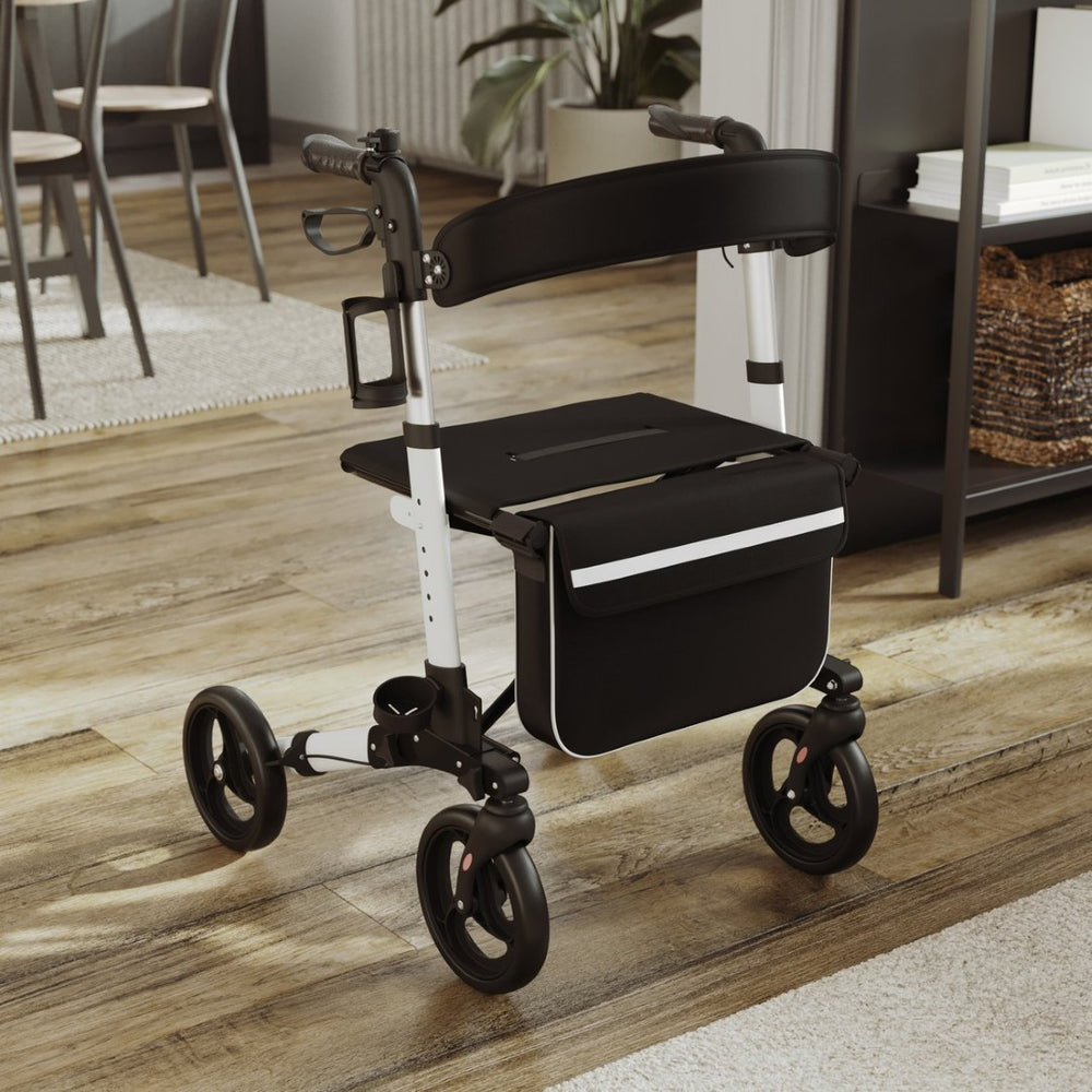 English Elm HERCULES Adjustable Folding Rollator Walker with 360° Swivel Wheels, Hand Brakes & Comfort Seat DC-HY8516L-WHTBLK-GG