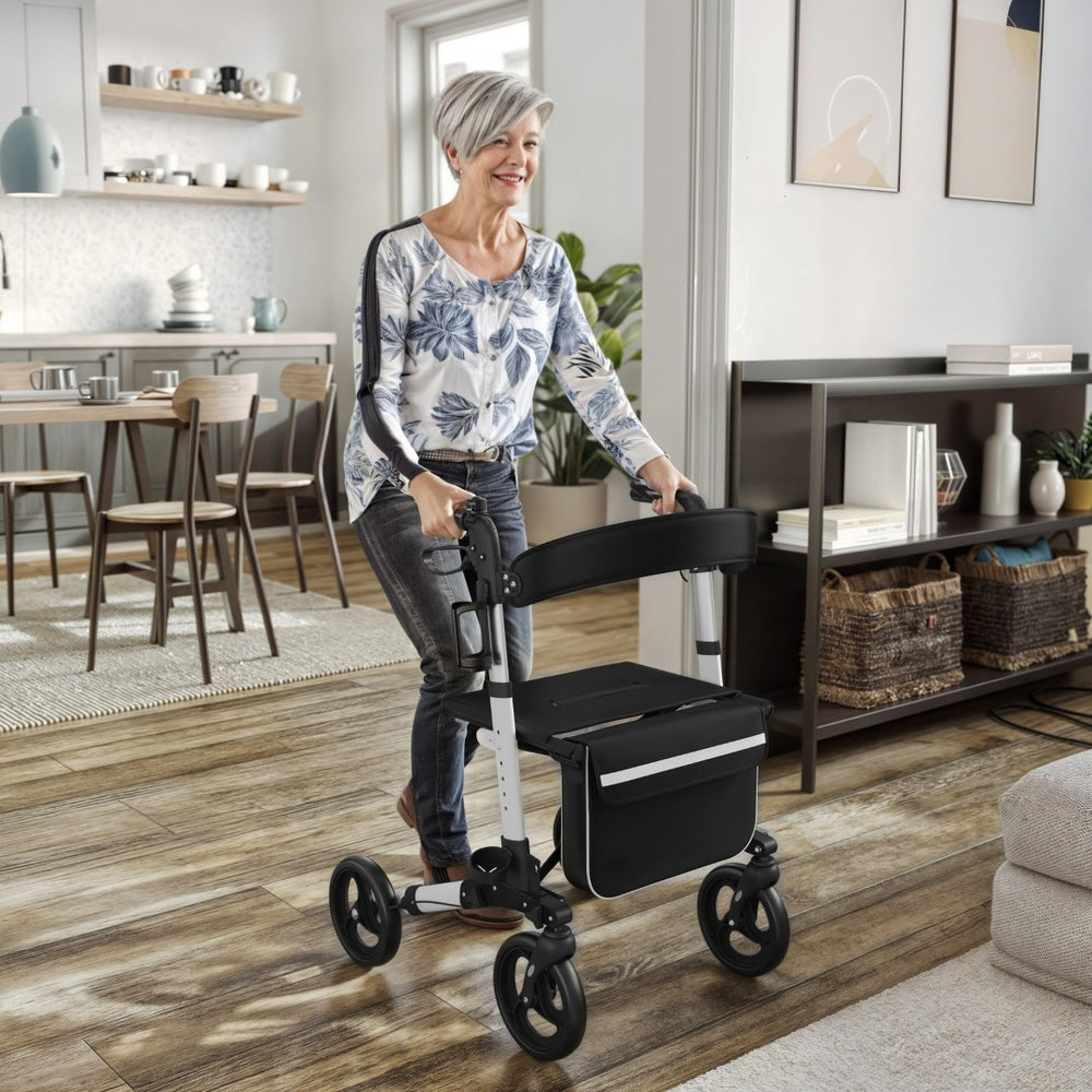 English Elm HERCULES Adjustable Folding Rollator Walker with 360° Swivel Wheels, Hand Brakes & Comfort Seat DC-HY8516L-WHTBLK-GG