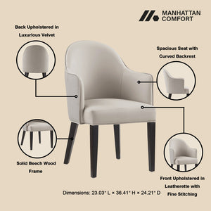 Manhattan Comfort Hillman Dining Armchair: Premium Leatherette & Velvet Design With Elegant Beech Wood Legs Light Grey Beech Wood Dc087ar2-lg