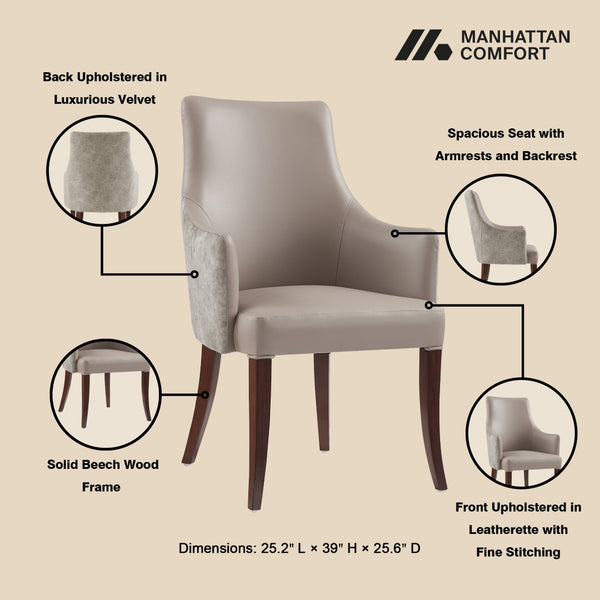 Manhattan Comfort Connie Velvet And Leatherette Dining Armchair With Elegant Beech Wood Legs For Sophisticated Dining Taupe Beech Wood Dc095ar-tp