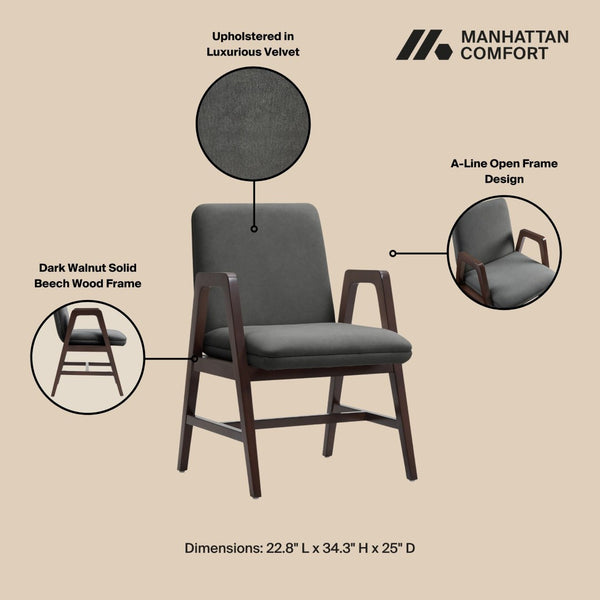 Manhattan Comfort Stella Velvet Dining Armchair With Elegant Beech Wood Legs - Modern Mid-century Comfort Design Graphite Beech Wood Dc101ar-gy