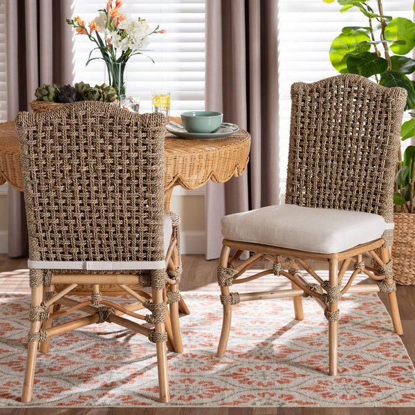 Bali & Pari Nitya Handwoven Rattan Seagrass Camelback Dining Chairs Bohemian Set