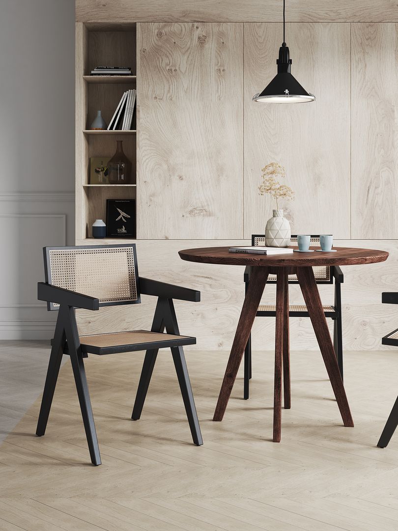 Manhattan Comfort Hamlet Industry Chic Dining Arm Chair Black and Natural Cane DCCA09-BK