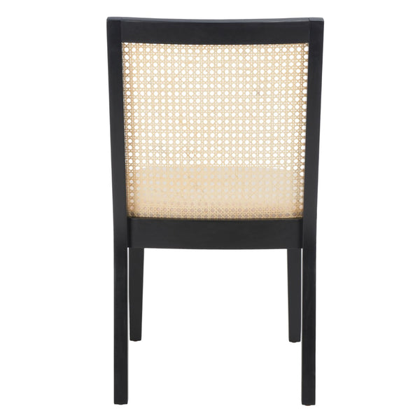 Safavieh LEVY Dining Chair Set of 2 - Modern Black Frame, Beige Upholstered Seat & Natural Rattan Backrest DCH1011A-SET2