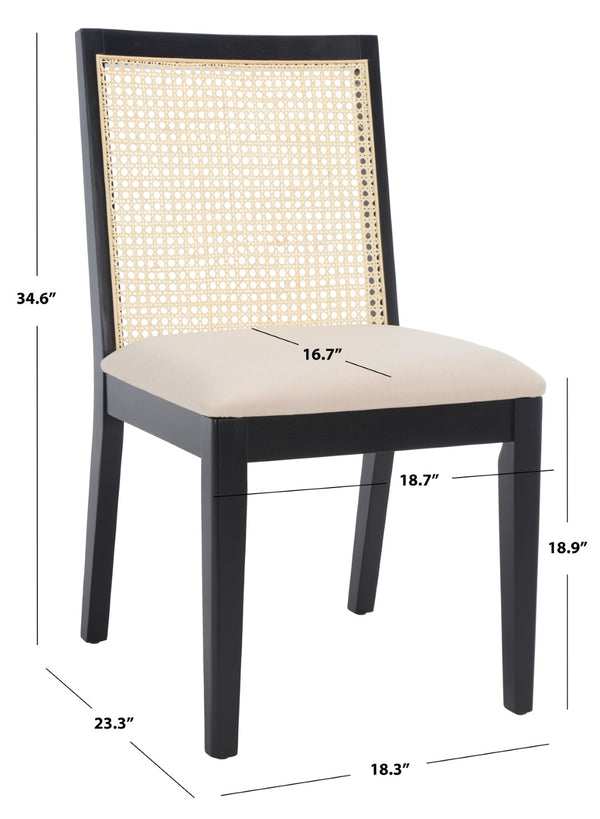 Safavieh LEVY Dining Chair Set of 2 - Modern Black Frame, Beige Upholstered Seat & Natural Rattan Backrest DCH1011A-SET2