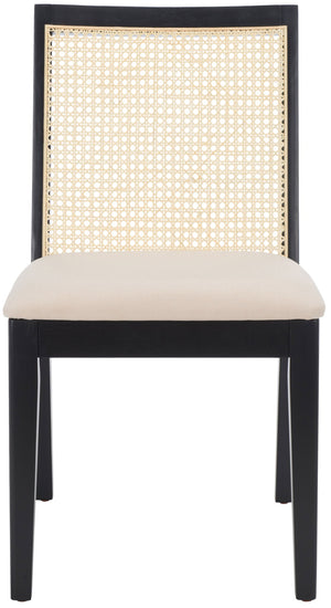 Safavieh LEVY Dining Chair Set of 2 - Modern Black Frame, Beige Upholstered Seat & Natural Rattan Backrest DCH1011A-SET2