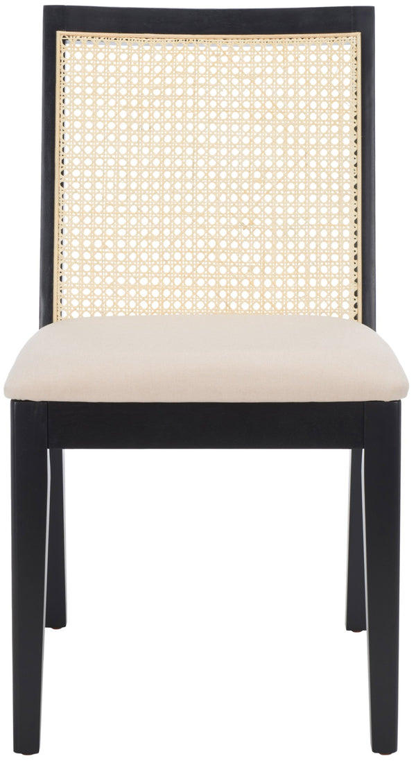 Safavieh LEVY Dining Chair Set of 2 - Modern Black Frame, Beige Upholstered Seat & Natural Rattan Backrest DCH1011A-SET2