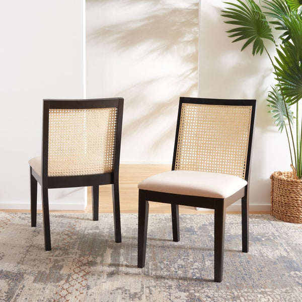 Safavieh LEVY Dining Chair Set of 2 - Modern Black Frame, Beige Upholstered Seat & Natural Rattan Backrest DCH1011A-SET2