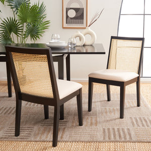 Safavieh LEVY Dining Chair Set of 2 - Modern Black Frame, Beige Upholstered Seat & Natural Rattan Backrest DCH1011A-SET2