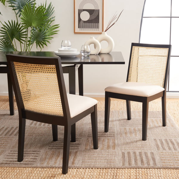 Safavieh LEVY Dining Chair Set of 2 - Modern Black Frame, Beige Upholstered Seat & Natural Rattan Backrest DCH1011A-SET2