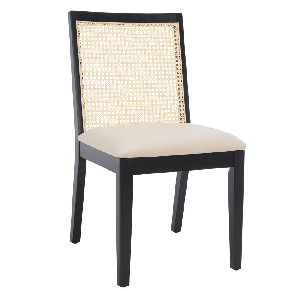 Safavieh LEVY Dining Chair Set of 2 - Modern Black Frame, Beige Upholstered Seat & Natural Rattan Backrest DCH1011A-SET2