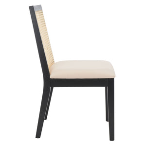 Safavieh LEVY Dining Chair Set of 2 - Modern Black Frame, Beige Upholstered Seat & Natural Rattan Backrest DCH1011A-SET2