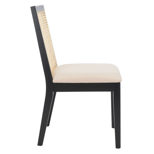 Safavieh LEVY Dining Chair Set of 2 - Modern Black Frame, Beige Upholstered Seat & Natural Rattan Backrest DCH1011A-SET2