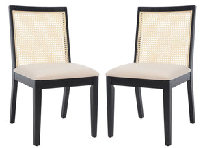 Safavieh LEVY Dining Chair Set of 2 - Modern Black Frame, Beige Upholstered Seat & Natural Rattan Backrest DCH1011A-SET2