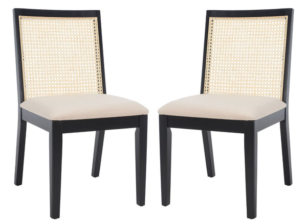 Safavieh LEVY Dining Chair Set of 2 - Modern Black Frame, Beige Upholstered Seat & Natural Rattan Backrest DCH1011A-SET2