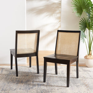 Safavieh LEVY Dining Chair Set of 2 - Black Wood Frame with Natural Rattan Back for Modern Coastal Style DCH1011B-SET2