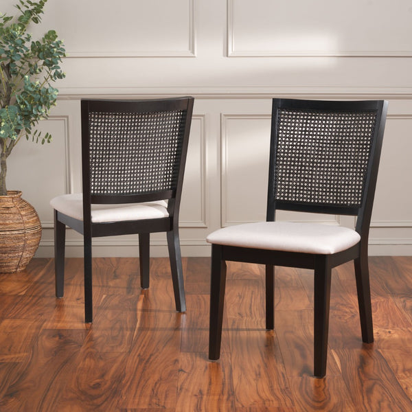 Safavieh MARGO Dining Chair – French Country Elegance with Comfortable Upholstery and Durable Design for Dining Black / Beige Fab/Black Rattan DCH1012B-SET2