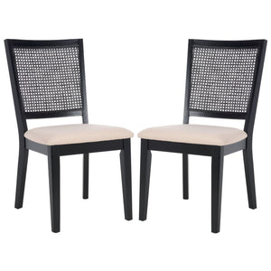 Safavieh MARGO Dining Chair – French Country Elegance with Comfortable Upholstery and Durable Design for Dining Black / Beige Fab/Black Rattan DCH1012B-SET2
