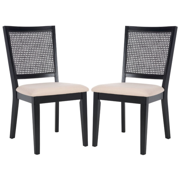 Safavieh MARGO Dining Chair – French Country Elegance with Comfortable Upholstery and Durable Design for Dining Black / Beige Fab/Black Rattan DCH1012B-SET2