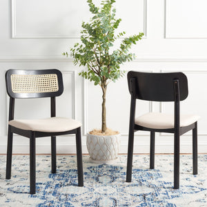 Safavieh EGON Dining Chair Set of 2 - Black Frame, White Upholstered Seat & Natural Rattan Backrest Charm DCH1014A-SET2