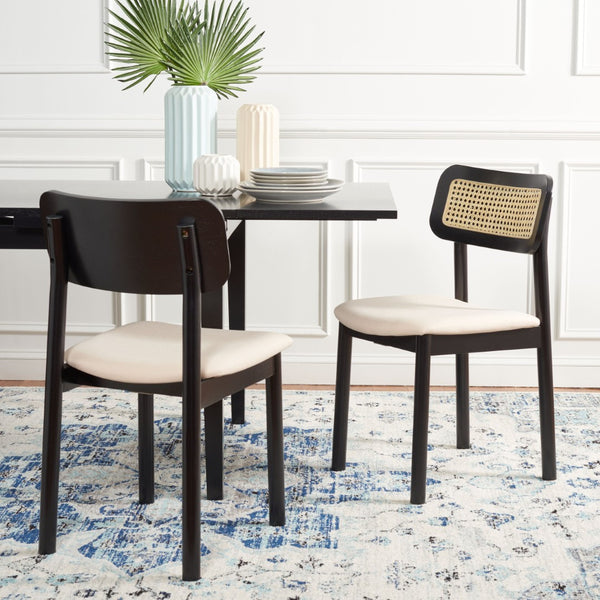 Safavieh EGON Dining Chair Set of 2 - Black Frame, White Upholstered Seat & Natural Rattan Backrest Charm DCH1014A-SET2