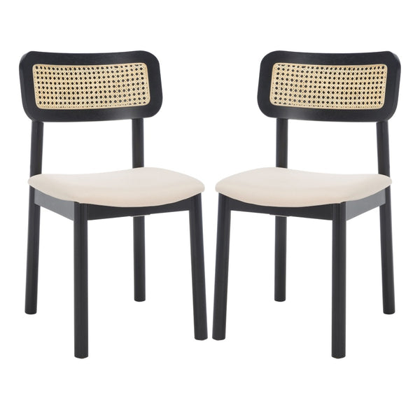 Safavieh EGON Dining Chair Set of 2 - Black Frame, White Upholstered Seat & Natural Rattan Backrest Charm DCH1014A-SET2
