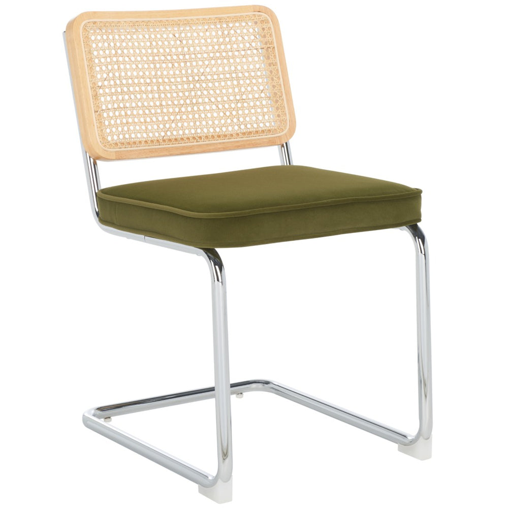 Safavieh CORALIA Dining Chair Set of Two - Modern Industrial Design with Rattan Mesh Back and Chrome Legs Olive / Natural DCH1101A-SET2
