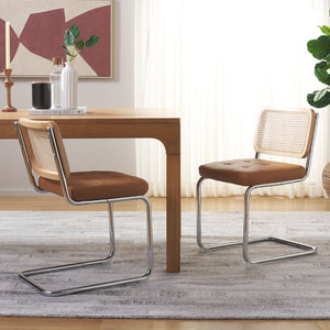 Safavieh CORALIA Dining Chair Set of Two - Cognac PU Upholstered Seat with Natural Rattan & Chrome Legs DCH1101C-SET2