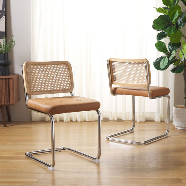 Safavieh CORALIA Dining Chair Set of Two - Cognac PU Upholstered Seat with Natural Rattan & Chrome Legs DCH1101C-SET2