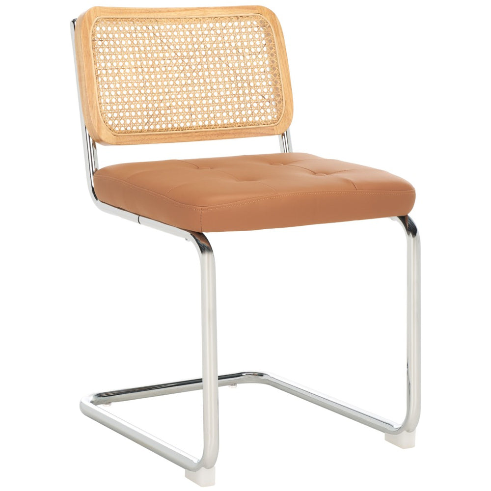 Safavieh CORALIA Dining Chair Set of Two - Cognac PU Upholstered Seat with Natural Rattan & Chrome Legs DCH1101C-SET2