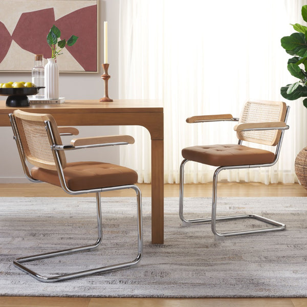 Safavieh CORALIA Dining Armchair - Elegant Cognac PU with Natural Rattan Back & Chrome Legs for Comfort DCH1102A-SET2