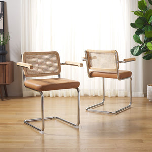 Safavieh CORALIA Dining Armchair - Elegant Cognac PU with Natural Rattan Back & Chrome Legs for Comfort DCH1102A-SET2
