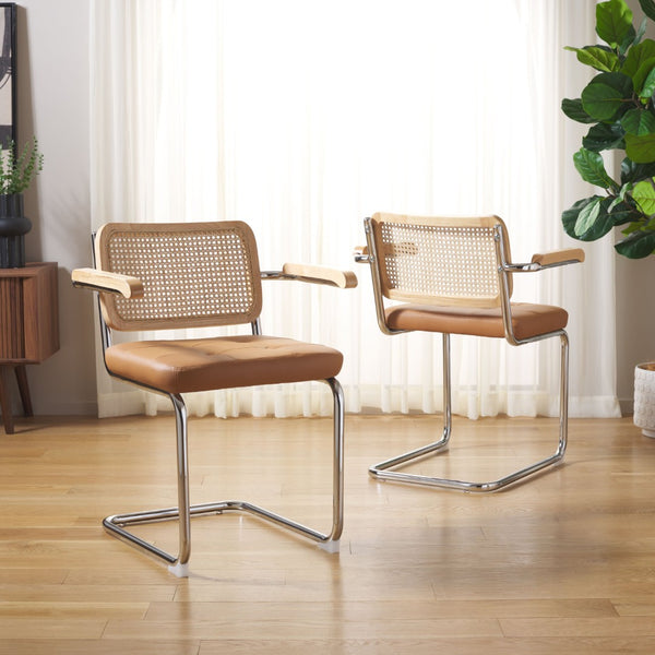 Safavieh CORALIA Dining Armchair - Elegant Cognac PU with Natural Rattan Back & Chrome Legs for Comfort DCH1102A-SET2