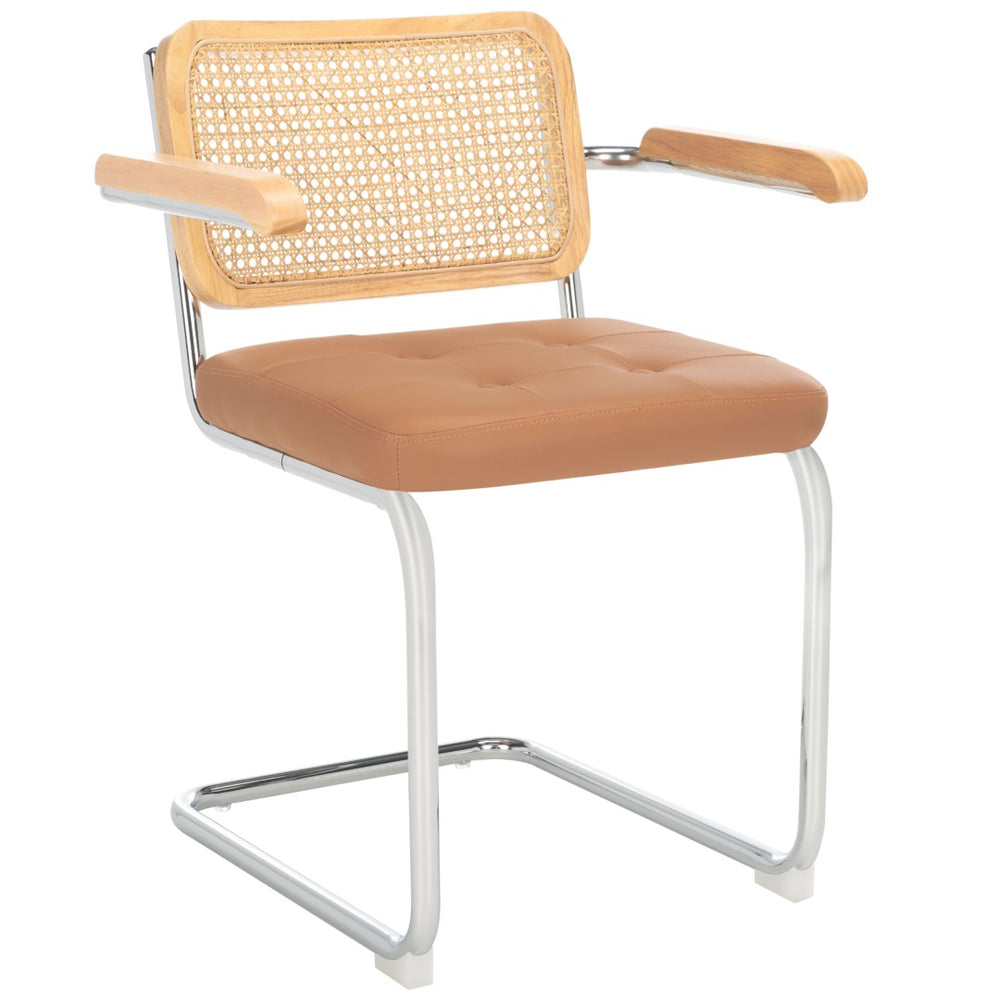 Safavieh CORALIA Dining Armchair - Elegant Cognac PU with Natural Rattan Back & Chrome Legs for Comfort DCH1102A-SET2