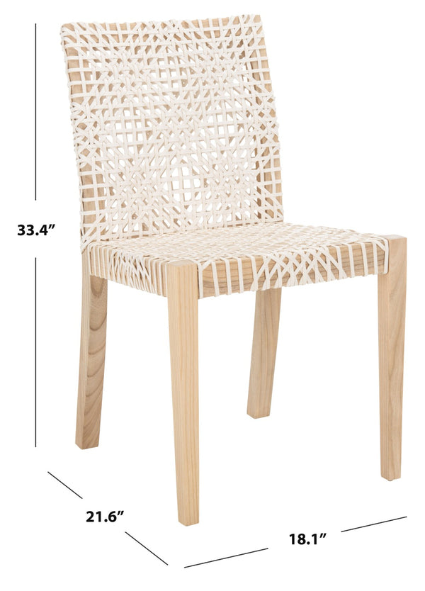 Safavieh TYRIA Leather Dining Chair Set of 2 - Scandinavian Style with Woven White Leather & Teak Frame DCH1203A-SET2