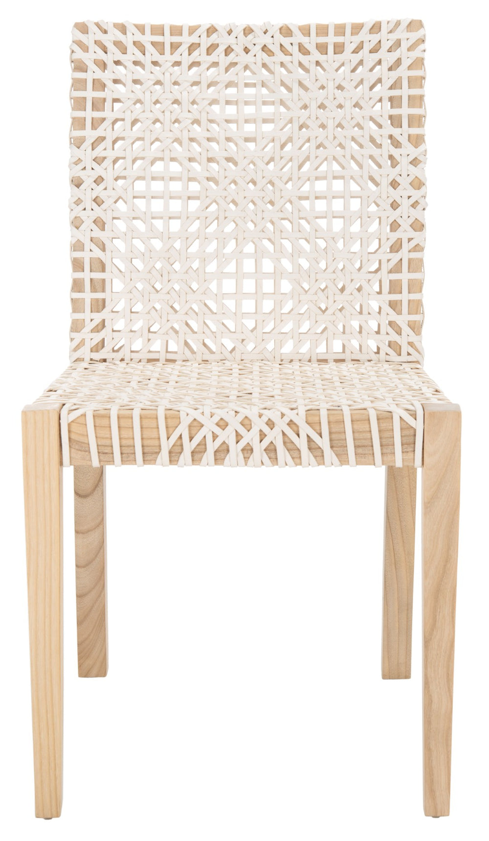 Safavieh TYRIA Leather Dining Chair Set of 2 - Scandinavian Style with Woven White Leather & Teak Frame DCH1203A-SET2