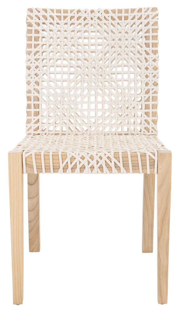 Safavieh TYRIA Leather Dining Chair Set of 2 - Scandinavian Style with Woven White Leather & Teak Frame DCH1203A-SET2