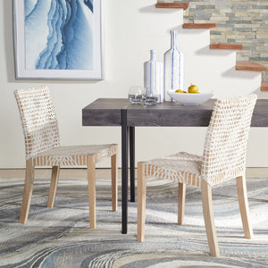 Safavieh TYRIA Leather Dining Chair Set of 2 - Scandinavian Style with Woven White Leather & Teak Frame DCH1203A-SET2