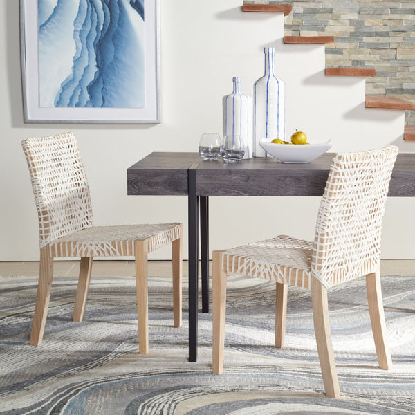 Safavieh TYRIA Leather Dining Chair Set of 2 - Scandinavian Style with Woven White Leather & Teak Frame DCH1203A-SET2