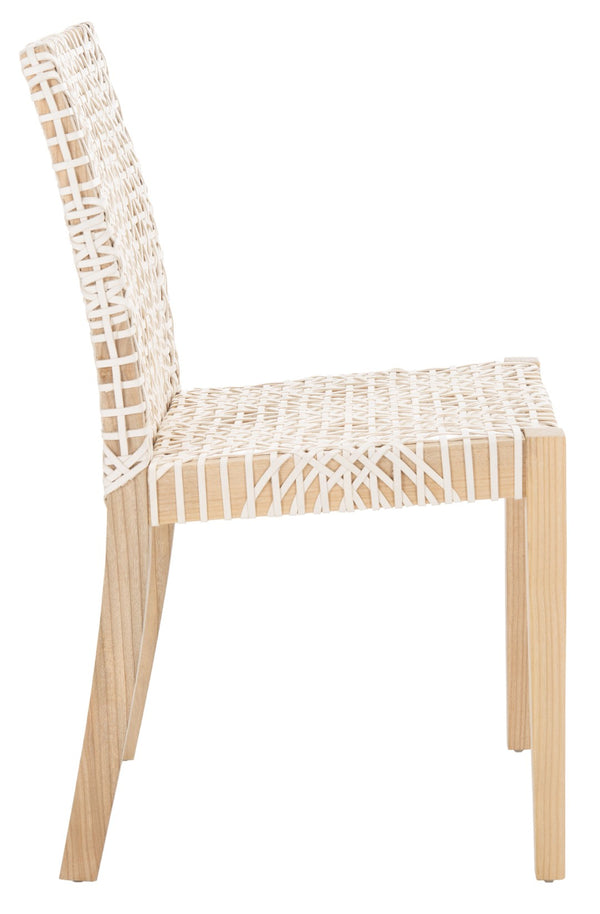 Safavieh TYRIA Leather Dining Chair Set of 2 - Scandinavian Style with Woven White Leather & Teak Frame DCH1203A-SET2