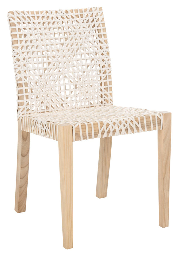 Safavieh TYRIA Leather Dining Chair Set of 2 - Scandinavian Style with Woven White Leather & Teak Frame DCH1203A-SET2