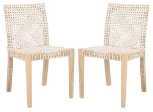 Safavieh TYRIA Leather Dining Chair Set of 2 - Scandinavian Style with Woven White Leather & Teak Frame DCH1203A-SET2