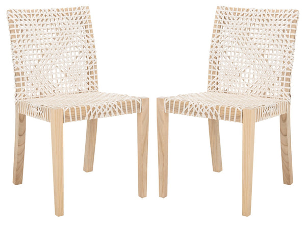 Safavieh TYRIA Leather Dining Chair Set of 2 - Scandinavian Style with Woven White Leather & Teak Frame DCH1203A-SET2