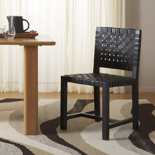 Safavieh Sorrento Dining Chair - Modern Teak Frame With Woven Leather Bands For Stylish Coastal Dining Spaces Black / Black DCH1208B