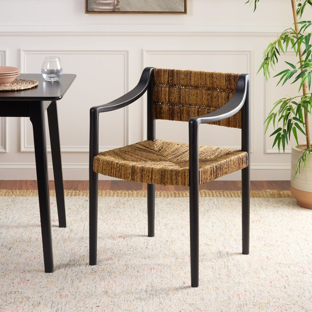 Safavieh Aksel Arm Dining Chair - Natural Banana Leaf Weaving & Sleek Black Wood Frame For Modern Comfort DCH1214A